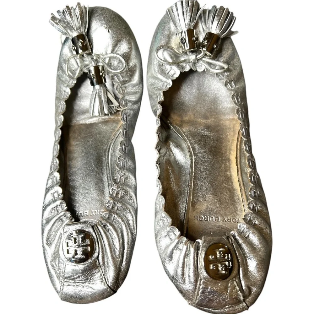 Tory Burch Reese Silver Flats with Tassels